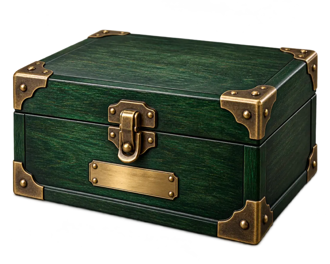 Premium Rawhub dark green wooden Mystery Box chest with brass fittings
