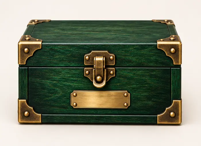 Front view of a premium forest-green wooden Rawhub Mystery Box chest with brass fittings
