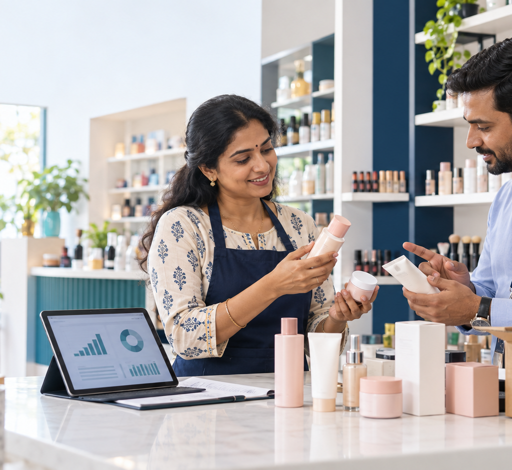 Retailer and supplier reviewing wholesale cosmetics in a shop